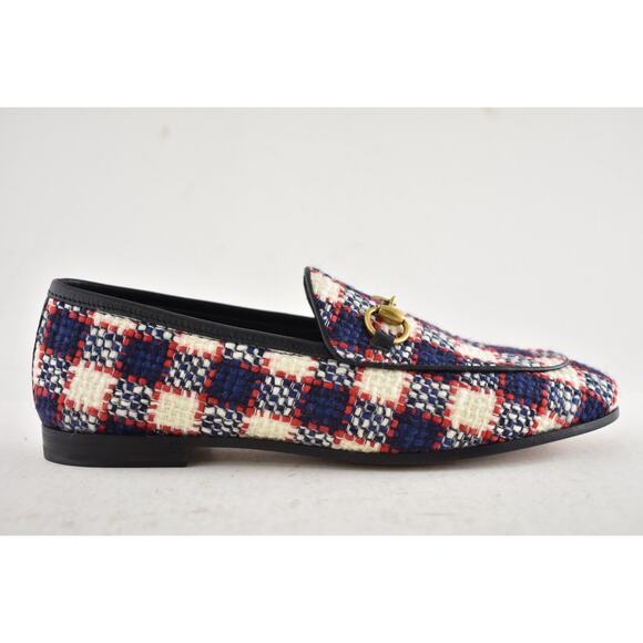 Gucci New Jordaan Blue Red White Black Tweed Check Loafer Mule Slipper Flat 38.5 - Picture 2 of 14